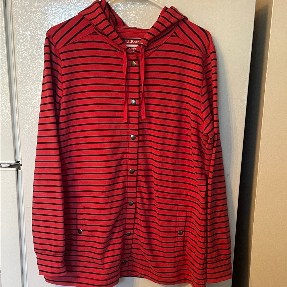 L.L. Bean Misses Large Regular Cotton‎ Red Striped Button Up Jacket Pockets